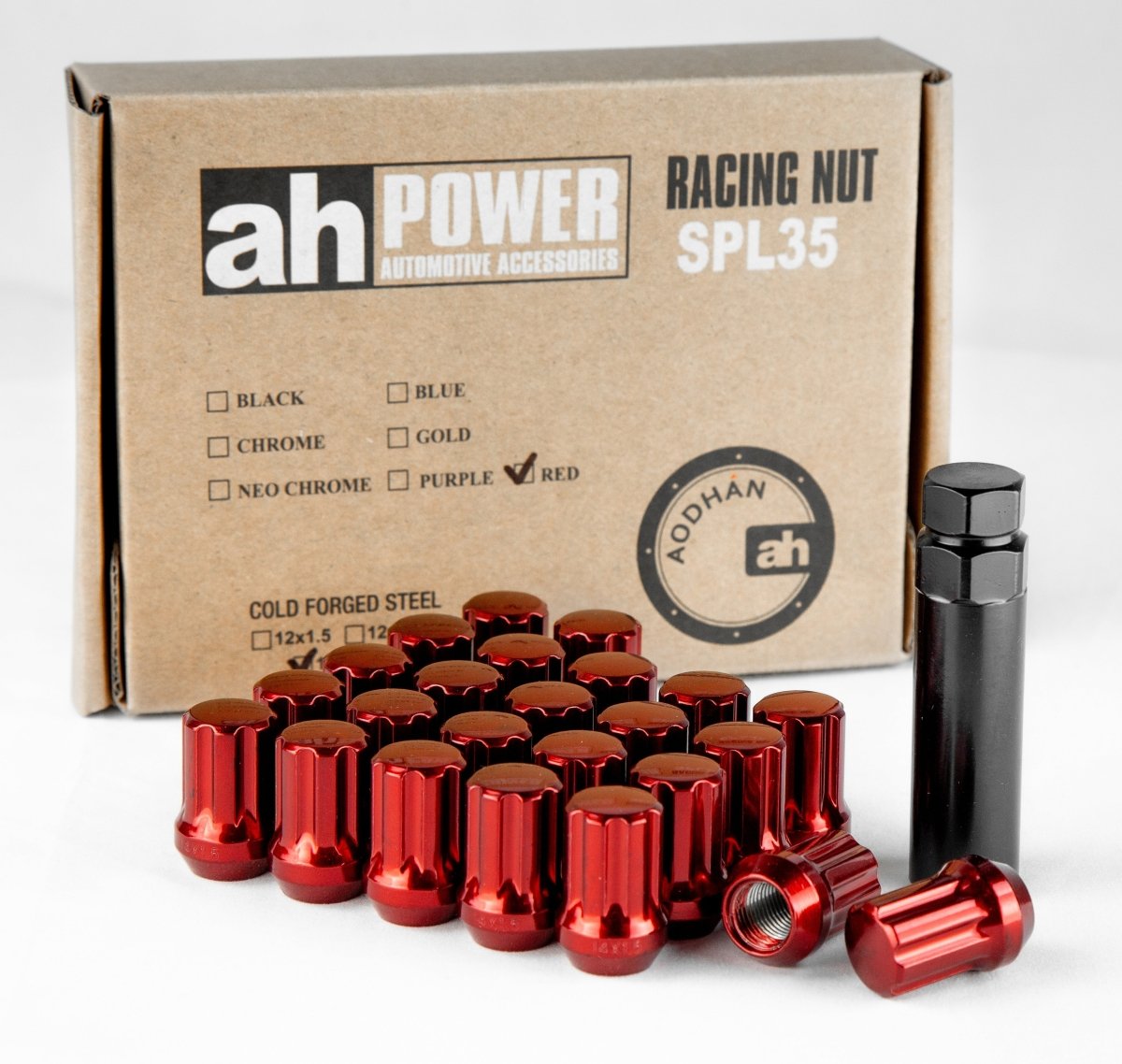 Aodhan Spline Lug nuts Set - Conical Seat ,35mm Overall Size - JDMuscleLug NutsAHLNSPL351415R14x1.5Red