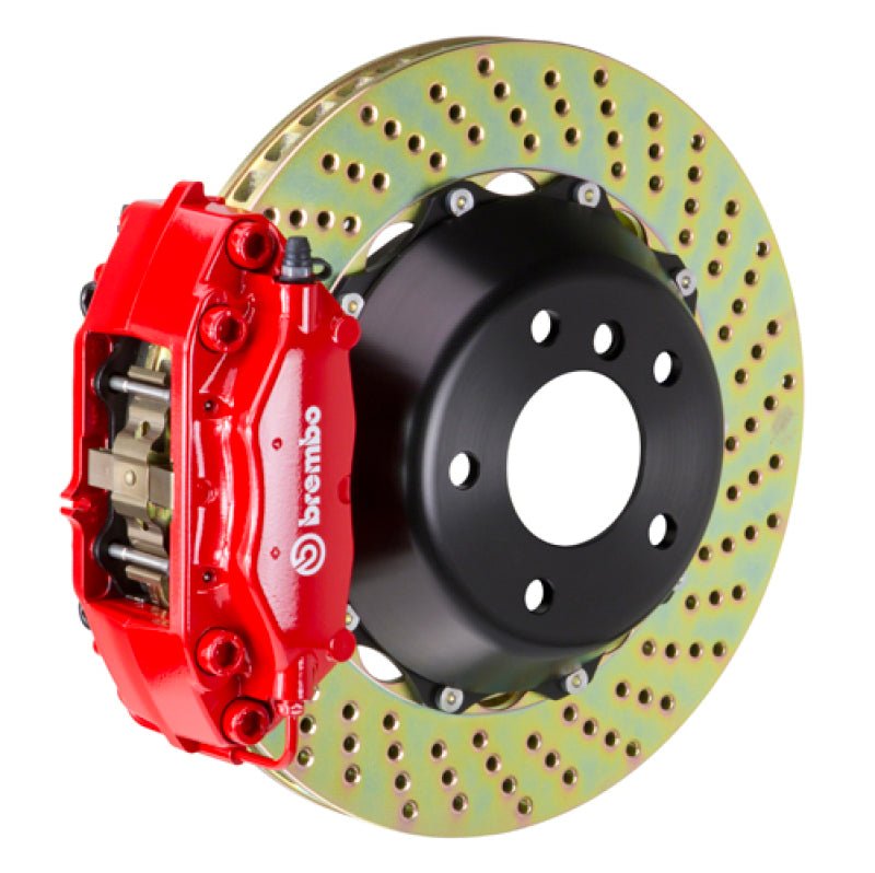 Brembo 08 - 14 WRX STI Rear GT BBK 4 Piston Cast 345x28 2pc Rotor Drilled - Red | 2P1.8020A2 - JDMuscleBrake Rotorsbrb2P1.8020A2