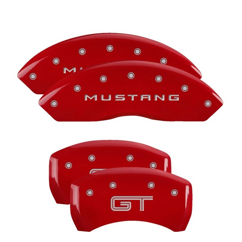 MGP 4 Caliper Covers Engraved Front Mustang Engraved Rear GT Red finish silver ch - JDMuscleShop the look 2mgp10198SMGTRD
