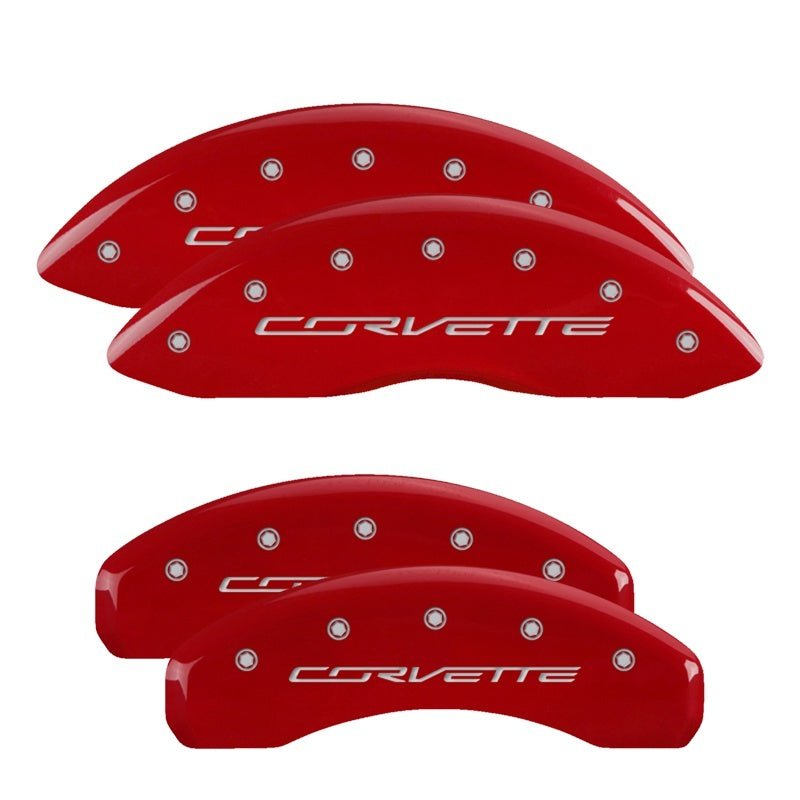 MGP Brake Caliper Covers for Chevrolet Corvette C7 – Red Powder Coat Finish with Silver Engraving | mgp13009SCV7RD - JDMuscleSPK89267