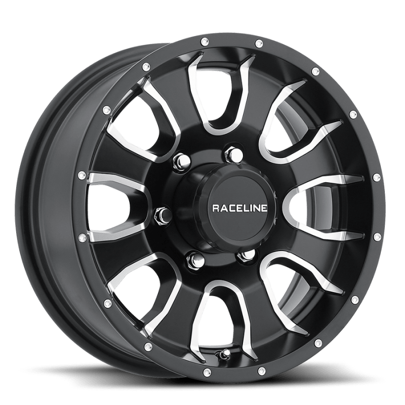 Raceline 860M Mamba 12x4in / 5x114.3 BP / 0mm Offset / 3.19mm Bore - Black & Machined Wheel - JDMuscleSPK591495