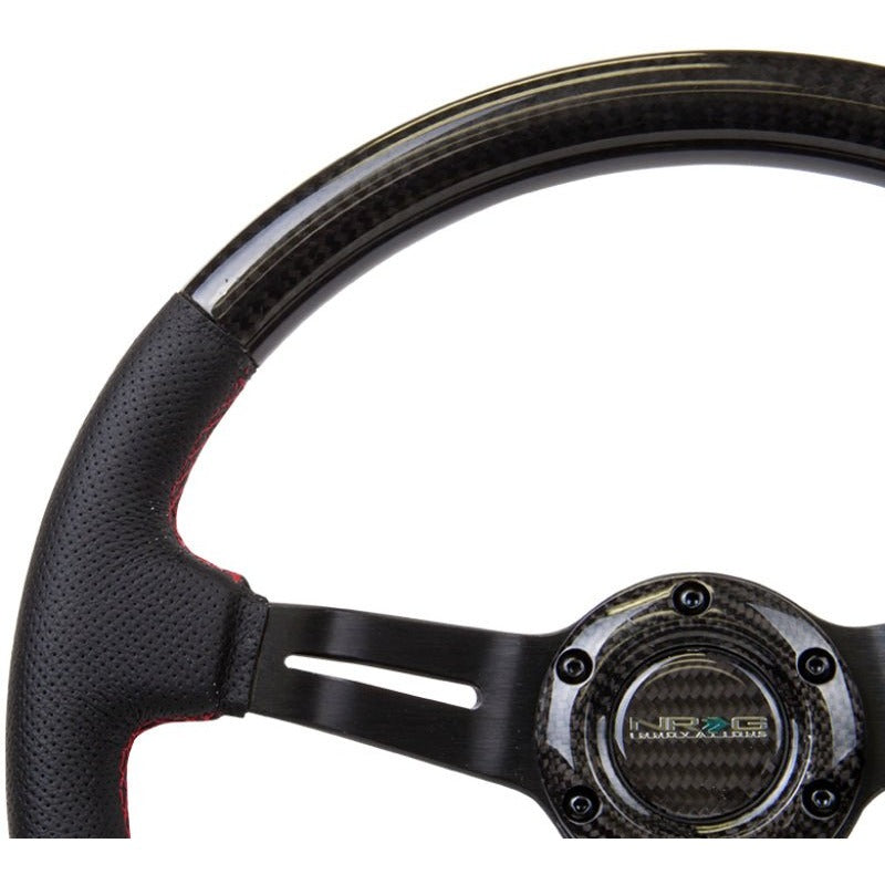 NRG Carbon Fiber Steering Wheel | 350mm /1.5in. Deep Leather Trim w/Red Stitch & Slit Cutout Spokes - JDMuscleSteering Wheel Components171421
