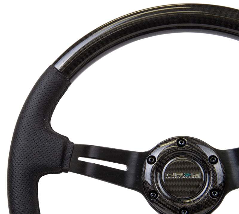 NRG Carbon Fiber Steering Wheel | 350mm / 1.5in. Deep Leather Trim w/Blk Stitch & Slit Cutout Spokes
