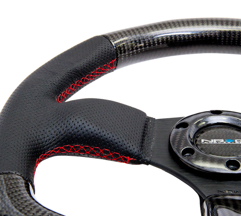 NRG Carbon Fiber Steering Wheel | 320mm Flat Bottom & Leather Trim w/Red Stitching