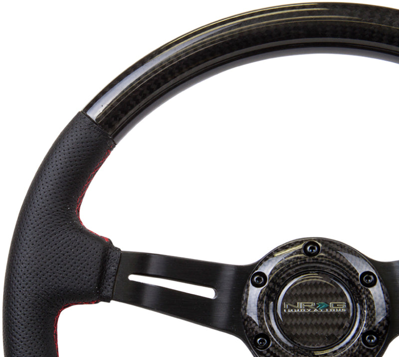 NRG Carbon Fiber Steering Wheel | 350mm /1.5in. Deep Leather Trim w/Red Stitch & Slit Cutout Spokes
