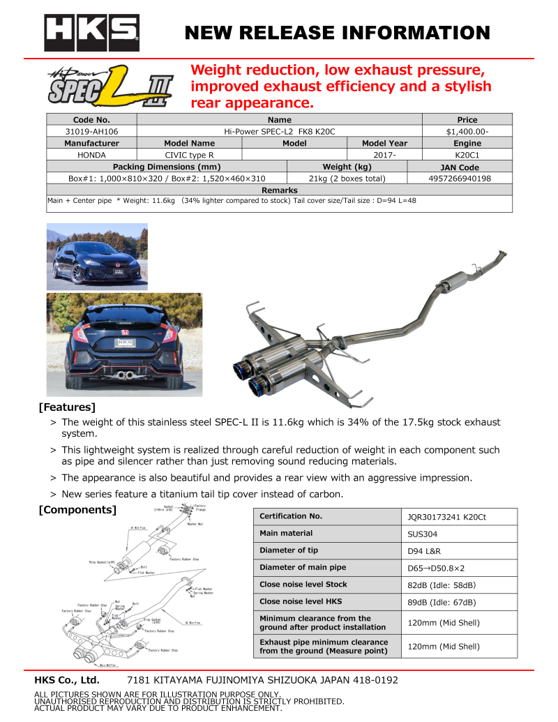 HKS Hi-Power SPEC-L2 Catback FK8 K20C Honda Civic Type R 2017+ | 31019-AH106