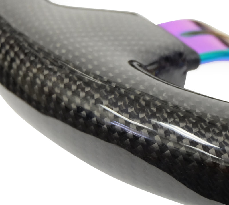 NRG Carbon Fiber Steering Wheel | 350mm / 1.5in. Deep Neochrome 3-Spoke Design w/Slit Cuts