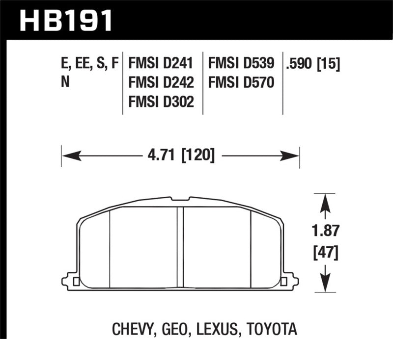 Hawk 86-88 Chevy Nova / 90-92 Geo Prizm GSI / 90-92 Prizm LSI / Toyota | Various Race Front Brake Pads | HB191E.590