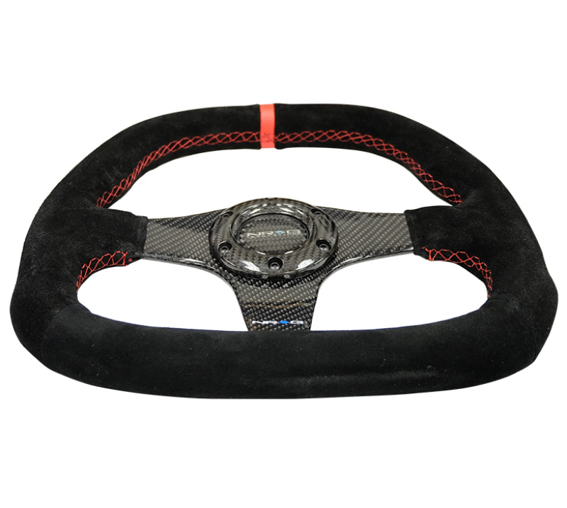 NRG Carbon Fiber Steering Wheel | 320mm Flat Btm. Blk Suede/Red Stitch w/CF Spokes & Red Center Mark