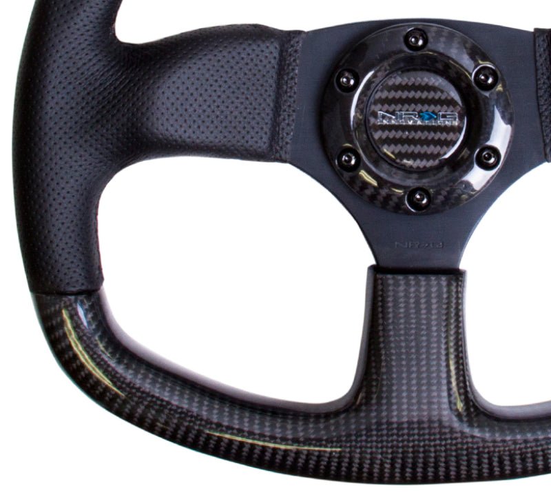 NRG Carbon Fiber Steering Wheel | 320mm Flat Bottom & Leather Trim w/Black Stitching - JDMuscleSteering Wheel Components171427