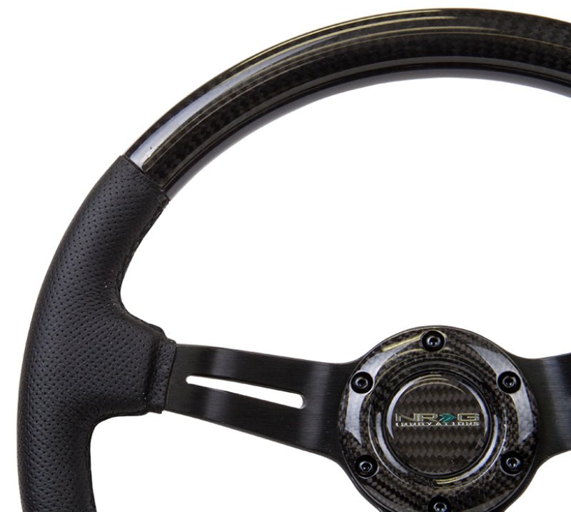 NRG Carbon Fiber Steering Wheel | 350mm / 1.5in. Deep Leather Trim w/Blk Stitch & Slit Cutout Spokes - JDMuscleSteering Wheel Components171419