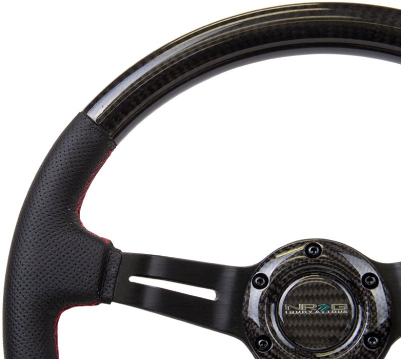 NRG Carbon Fiber Steering Wheel | 350mm /1.5in. Deep Leather Trim w/Red Stitch & Slit Cutout Spokes - JDMuscleSteering Wheel Components171421