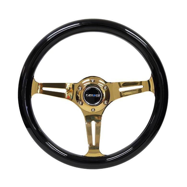 NRG Classic Blach Wood Grain w/ Chrome Gold Center Steering Wheel - Universal | ST-015CG-BK