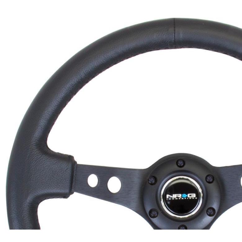 NRG Reinforced Steering Wheel | 350mm / 3in. Deep Blk Leather w/Blk Spoke & Circle Cutouts - Universal | RST-006BK