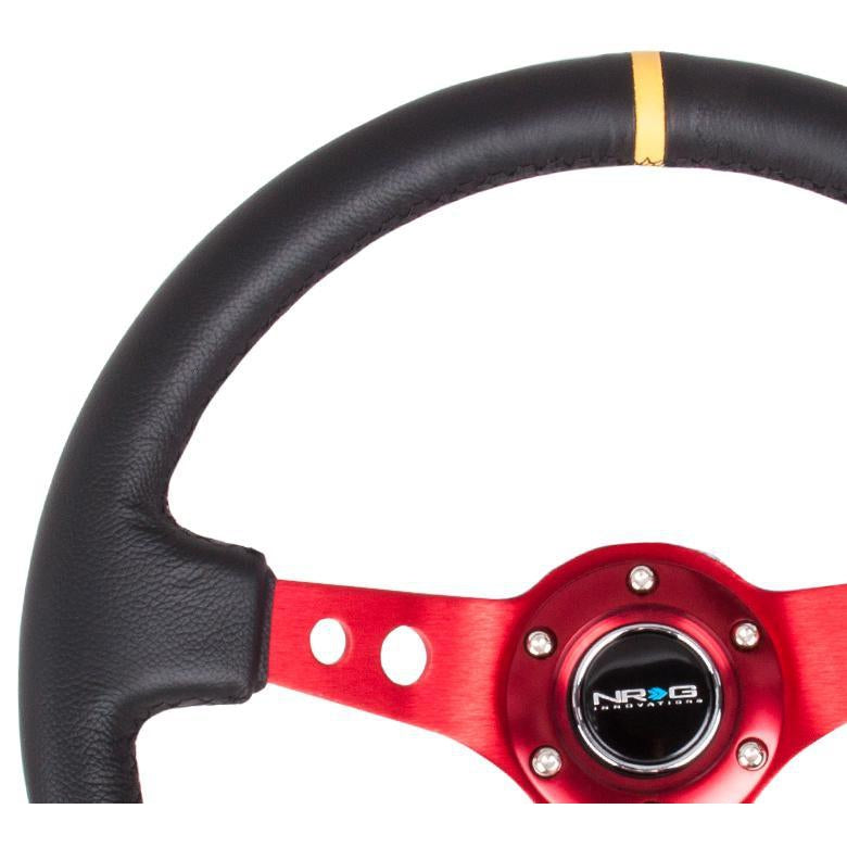 NRG Reinforced Steering Wheel | 350mm / 3in. Deep Blk Leather w/Red Spokes & Sgl Yellow Center Mark- Universal | RST-006RD-Y