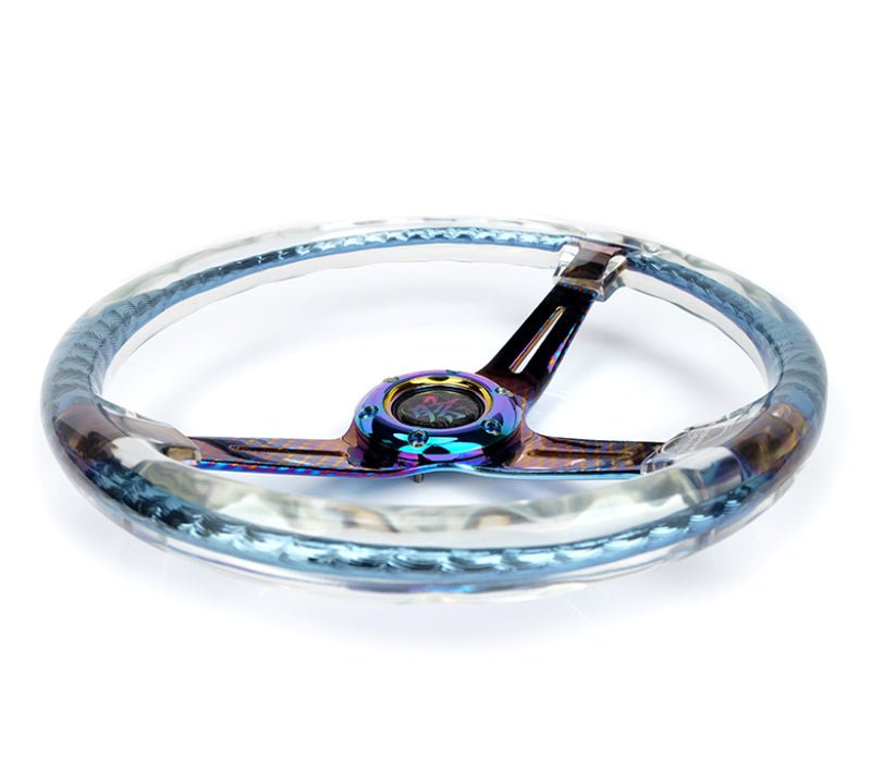 NRG Reinforced Steering Wheel | 350mm/2in. Deep Clear Acrylic Steering wheel w/Slits - Clr./Geo.Chr. - JDMuscleSteering Wheels416009
