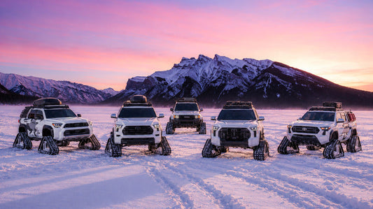All five Toyota Snowhunter concepts on snow tracks in white camouflage