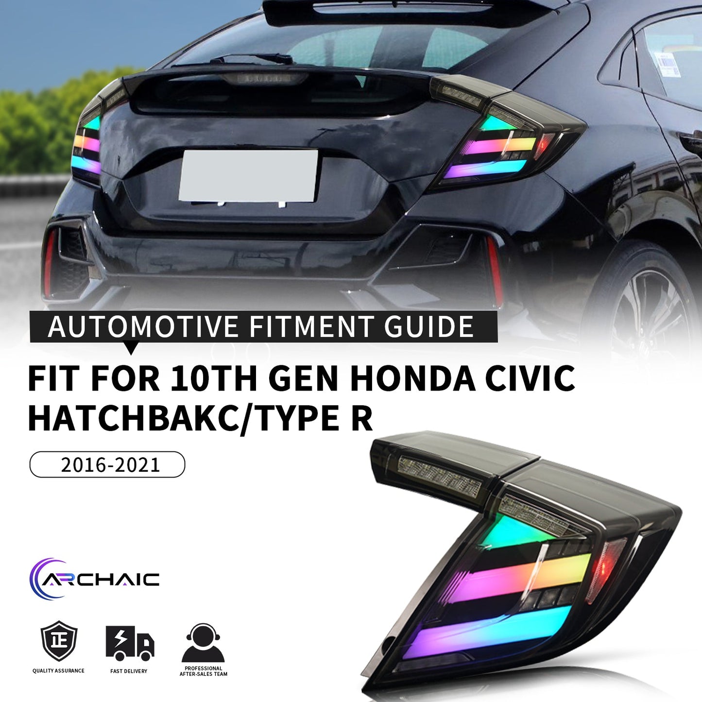 Archaic Full LED Tail Lights Assembly For 10th Gen Honda Civic Type R Hatchback 2016-21,RGB