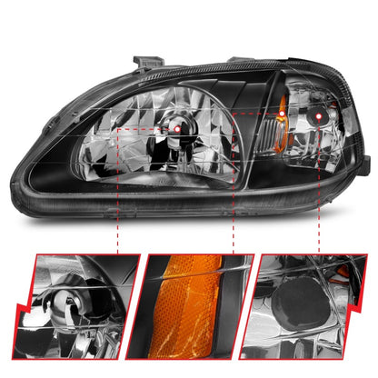 ANZO [99-00 Civic] Crystal Headlight Set - Clear Lens, Black Housing, Pair (121070)