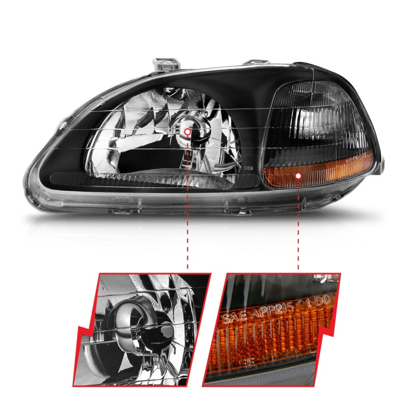 ANZO [96-98 Civic] Crystal Headlight Set - Clear Lens, Black Housing, Pair - Part Number ANZ121067