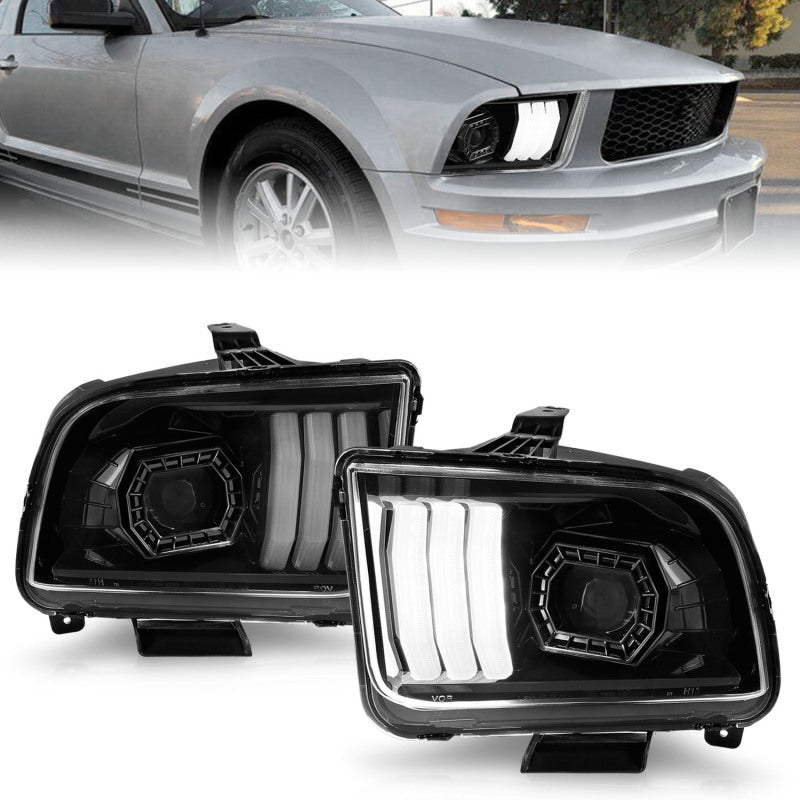 ANZO 05-09 Ford Mustang | w/Factory Halogen HL Only Projector Headlights w/Light Bar Black Housing