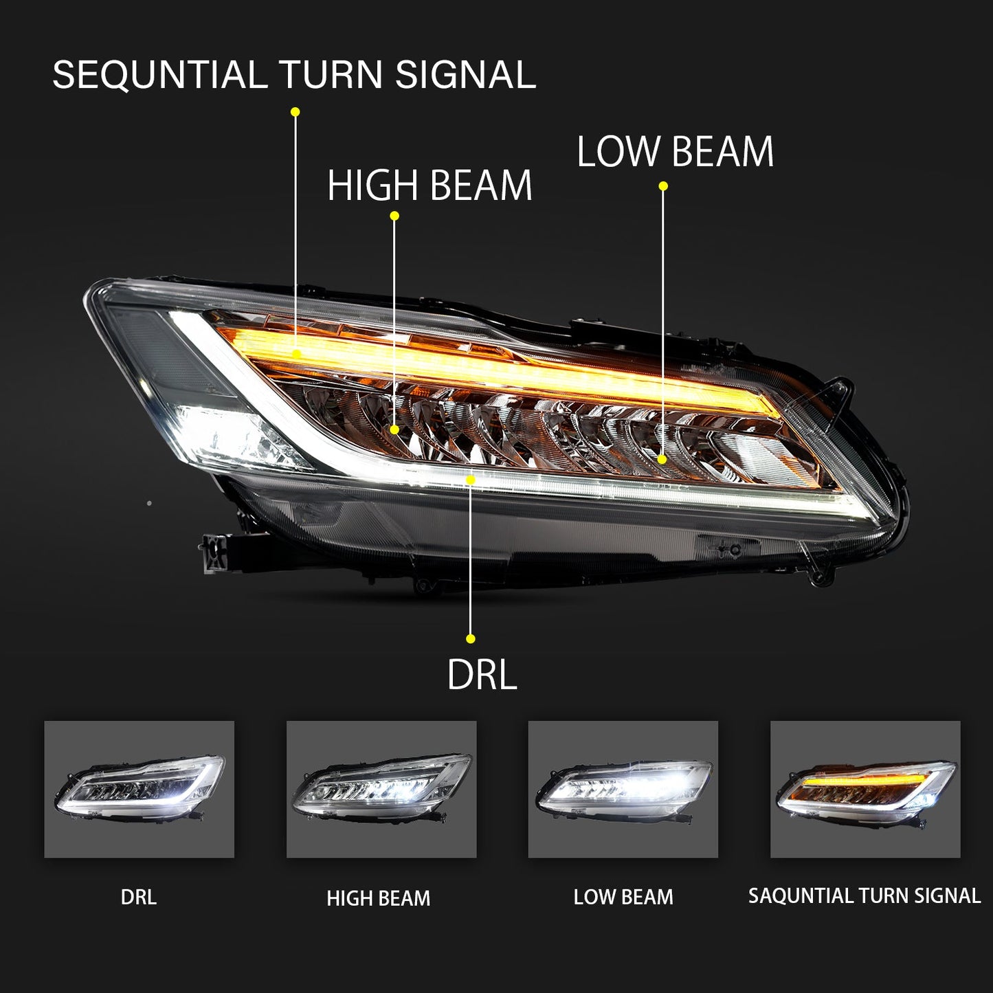 Archaic Full LED Headlights Assembly For Honda Accord 2013-2017