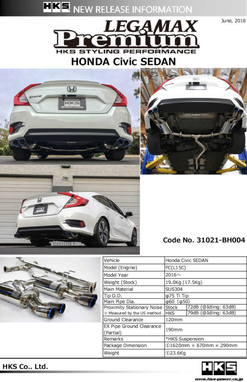 HKS [16-21 Civic Sedan] LEGAMAX Premium Exhaust - Polished Finish, hks31021-BH004