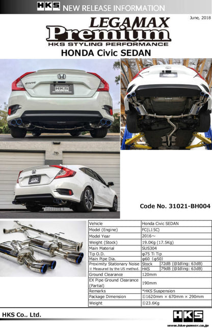 HKS [16-21 Civic Sedan] LEGAMAX Premium Exhaust - Polished Finish, hks31021-BH004