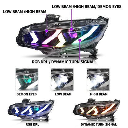 Archaic Full LED Headlights Assembly For 10th Gen Honda Civic 2016-2022,RGB DRL