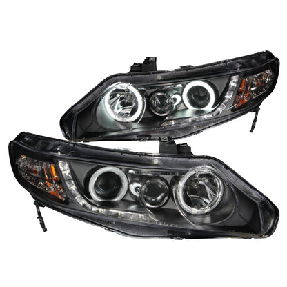ANZO [06-11 Civic] Projector Headlight Set with Halo - Clear Lens, Black Housing, CCFL