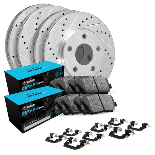 R1 Concepts [18-21 WRX STI] eLINE Front and Rear Drilled and Slotted Brake Kit - Silver Rotors with Ceramic Pads