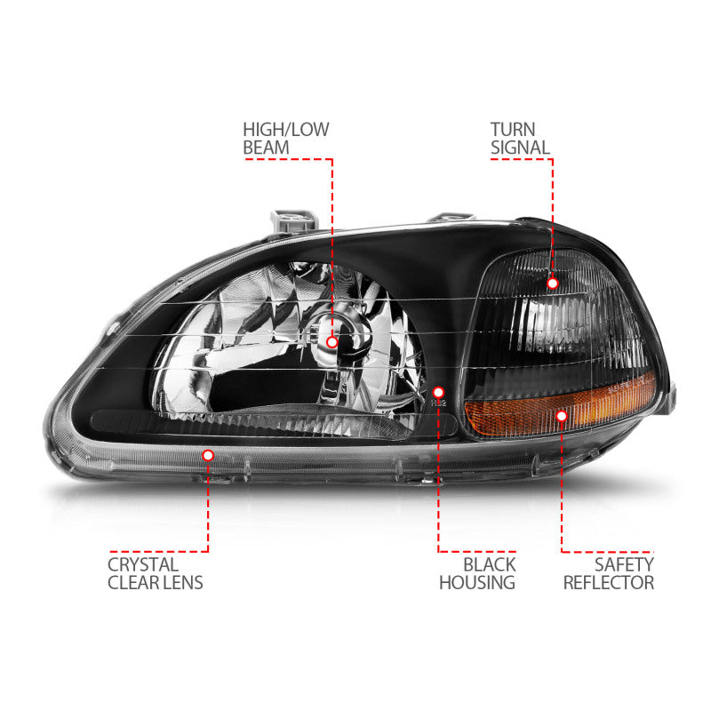ANZO [96-98 Civic] Crystal Headlight Set - Clear Lens, Black Housing, Pair - Part Number ANZ121067