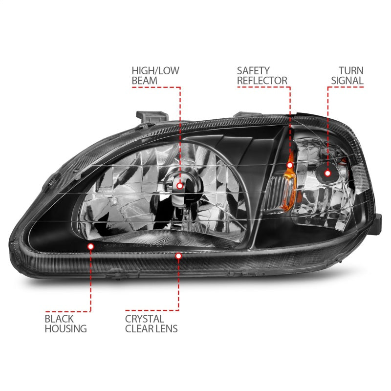 ANZO [99-00 Civic] Crystal Headlight Set - Clear Lens, Black Housing, Pair (121070)