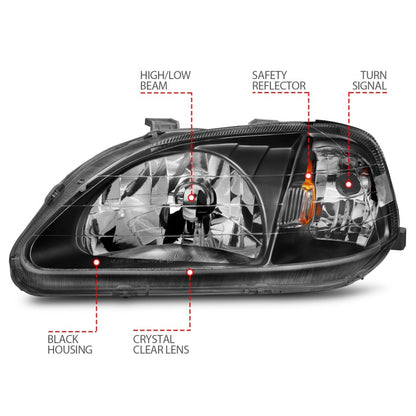 ANZO [99-00 Civic] Crystal Headlight Set - Clear Lens, Black Housing, Pair (121070)