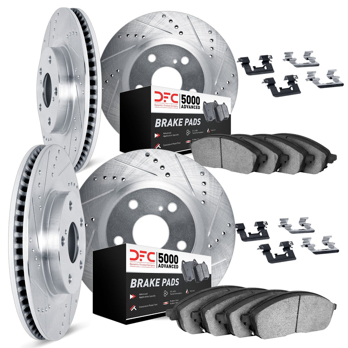 DFC [18-25 WRX] Front and Rear Drilled and Slotted Rotors with 5000 Advanced Pads and Hardware - Silver