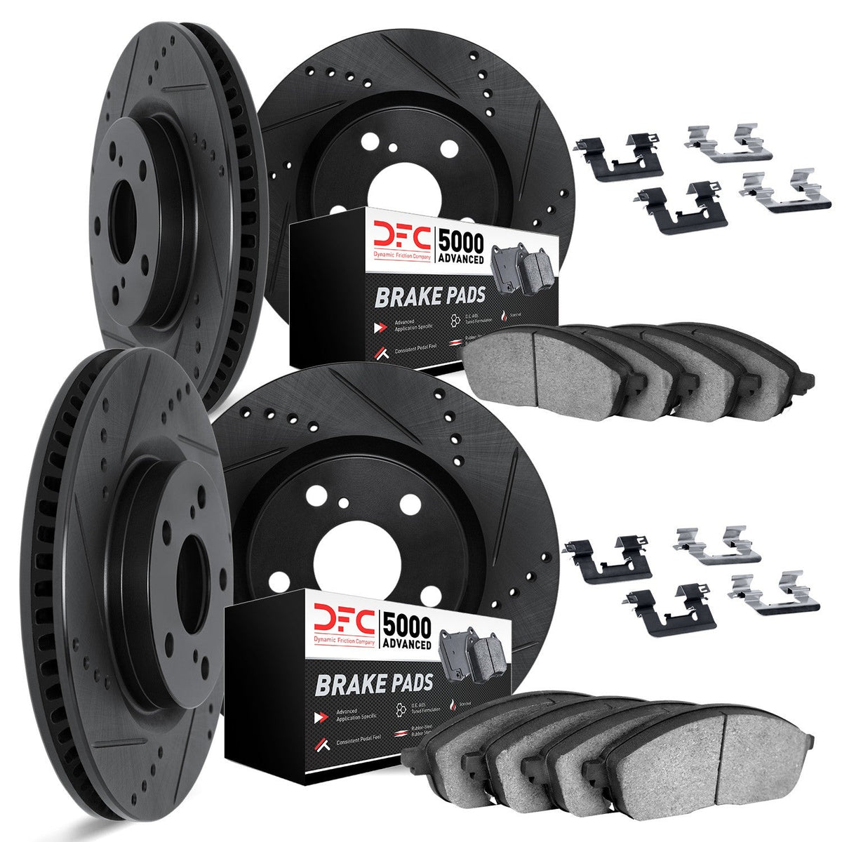DFC [18-25 WRX STI] Front and Rear Drilled and Slotted Rotors with 5000 Advanced Brake Pads and Hardware - Black Finish