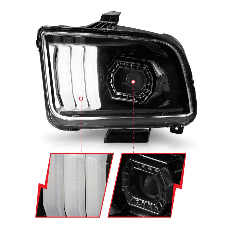 ANZO 05 - 09 Ford Mustang | w/Factory Halogen HL Only Projector Headlights w/Light Bar Black Housing - JDMuscleShop the look 2anz121566