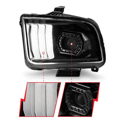 ANZO 05 - 09 Ford Mustang | w/Factory Halogen HL Only Projector Headlights w/Light Bar Black Housing - JDMuscleShop the look 2anz121566