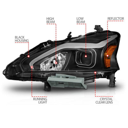ANZO 13 - 15 Nissan Altima (w/o Factory HID Bulbs) Projector Headlights - w/ Light Bar Black Housing - JDMuscleNon - Categorizedanz121569