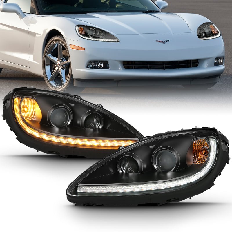ANZO 2005 - 2013 Chevy Corvette Projector Headlight Set with Halo and Plank Style Switchback - Black Housing with Amber Accents | anz121553 - JDMuscleSPK360578
