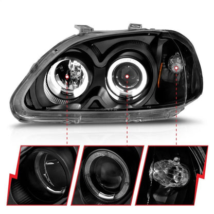 ANZO [97-98 Civic] Projector Headlight Set with Halo - Clear Lens, Black Housing - JDMuscleHeadlight Setsanz121068