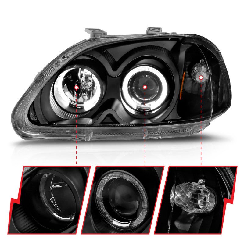 ANZO [97-98 Civic] Projector Headlight Set with Halo - Clear Lens, Black Housing - JDMuscleHeadlight Setsanz121068