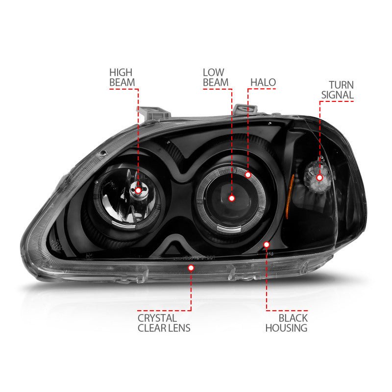 ANZO [97-98 Civic] Projector Headlight Set with Halo - Clear Lens, Black Housing - JDMuscleHeadlight Setsanz121068