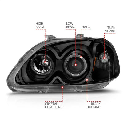 ANZO [97-98 Civic] Projector Headlight Set with Halo - Clear Lens, Black Housing - JDMuscleHeadlight Setsanz121068