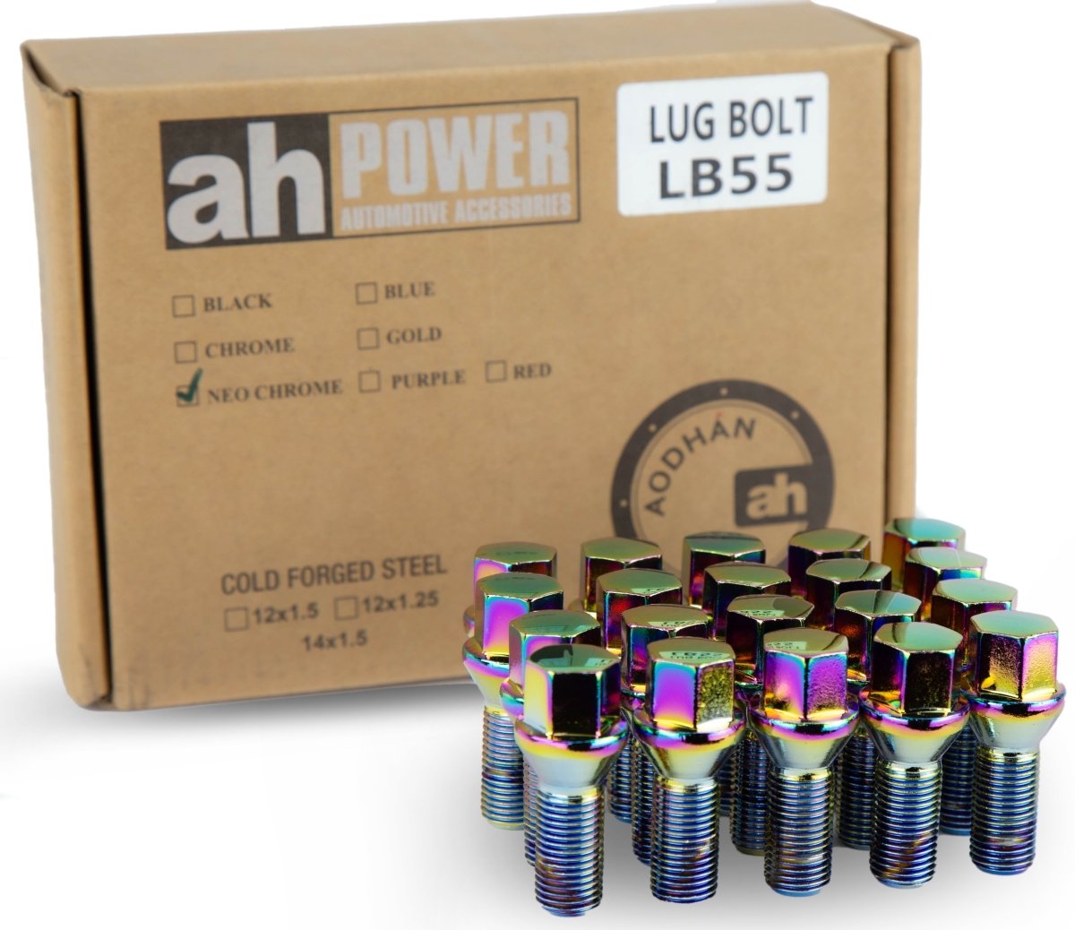 Aodhan LB55 Lug Bolts Set - Conical Seat, 28mm Shank Length - JDMuscleLug BoltsAHLB5512125NC12x1.25Neo Chrome
