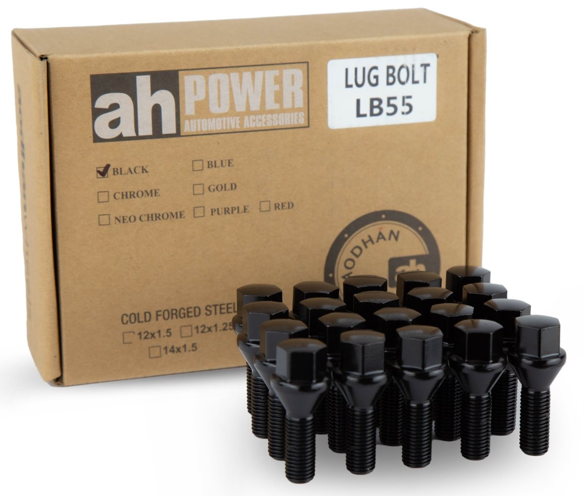 Aodhan LB55 Lug Bolts Set - Conical Seat, 28mm Shank Length - JDMuscleLug BoltsAHLB5512125BK12x1.25Black
