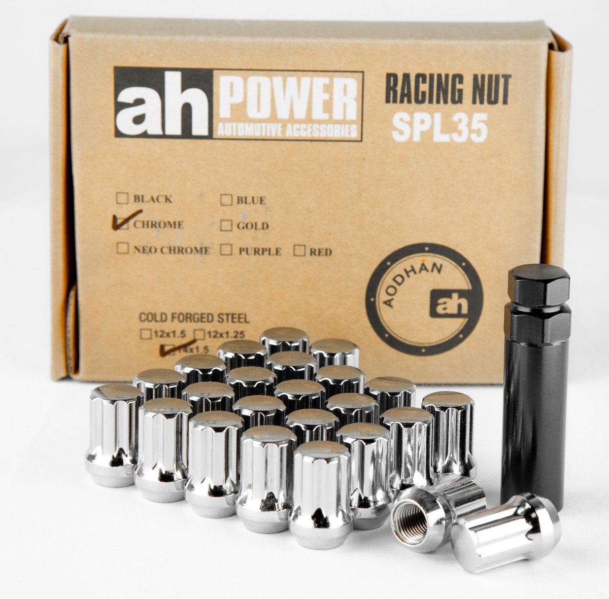 Aodhan Spline Lug nuts Set - Conical Seat ,35mm Overall Size - JDMuscleLug NutsAHLNSPL351415C14x1.5Chrome