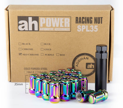 Aodhan Spline Lug nuts Set - Conical Seat ,35mm Overall Size - JDMuscleLug NutsAHLNSPL351215NC12x1.5Neo Chrome