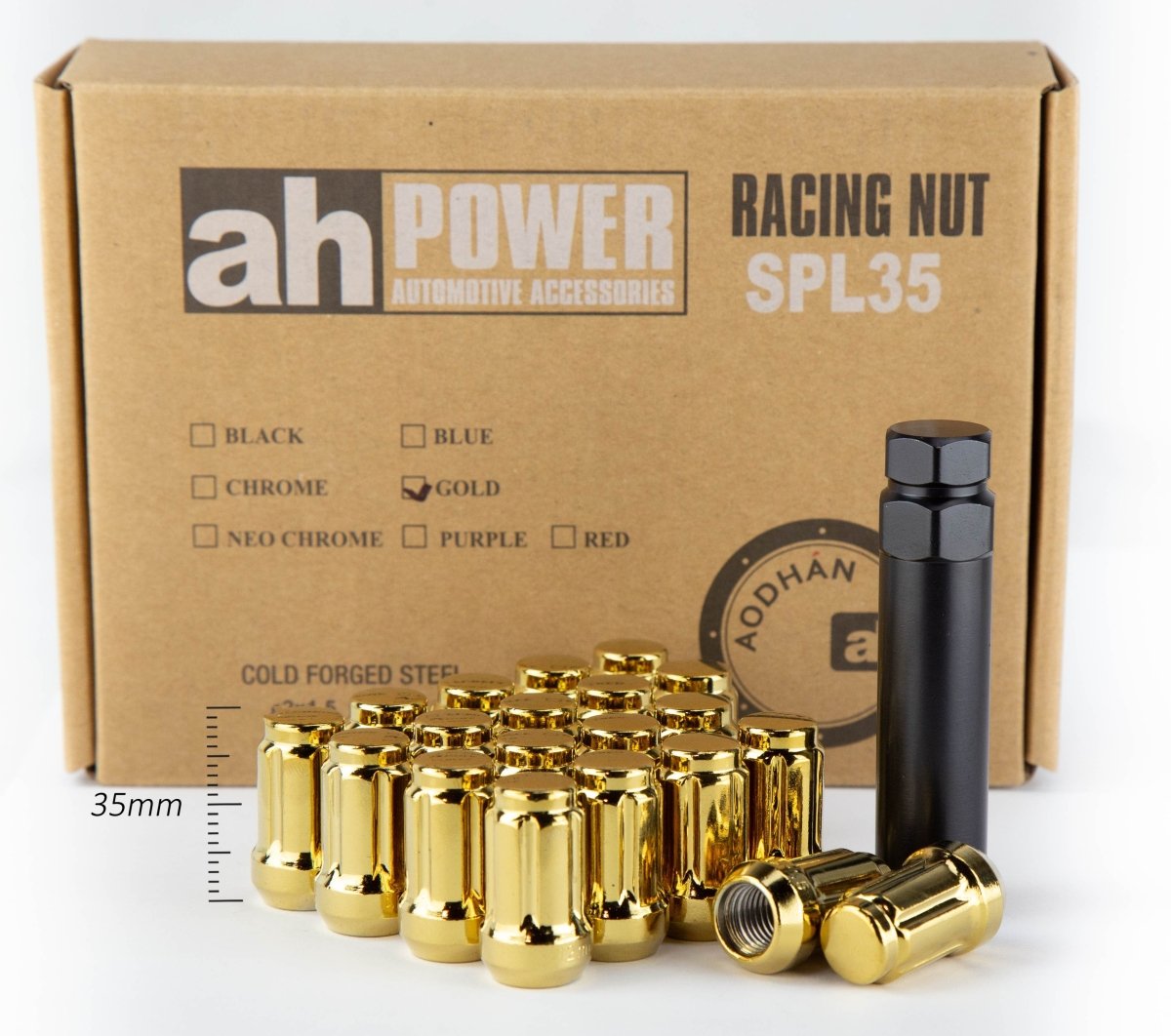 Aodhan Spline Lug nuts Set - Conical Seat ,35mm Overall Size - JDMuscleLug NutsAHLNSPL351215GD12x1.5Gold