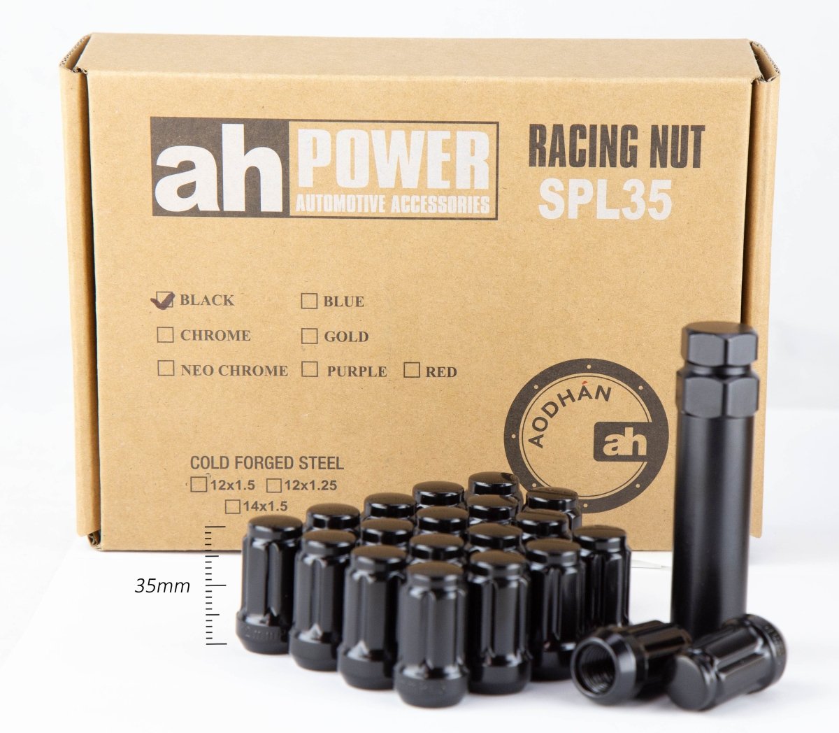 Aodhan Spline Lug nuts Set - Conical Seat ,35mm Overall Size - JDMuscleLug NutsAHLNSPL351215BK12x1.5Black